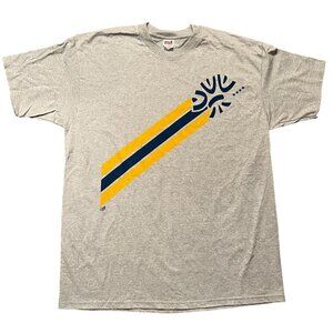 Anvil Men's XL Miller Beer Gray Graphic T-Shirt Yellow & Navy Stripes Pre-Shrunk